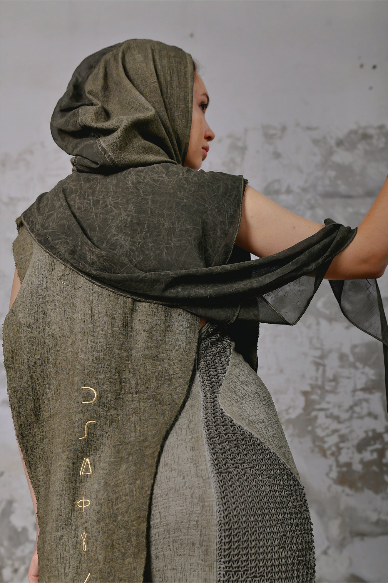 Green Bohemian hooded shawl, unisex Jedi-inspired hooded shawl with mystical embroidery, spiritual hooded shawl for Star Wars cosplay and everyday wear, handcrafted shawl with boho-chic details and protective hood, breathable and comfortable shawl hood for outdoor adventures, unique and meaningful embroidered shawl for spiritual seekers, vibrant shawl hood, Jedi-inspired shawl for cosmic warriors, celestial-inspired shawl hood with intricate star embroidery, burning man outfit