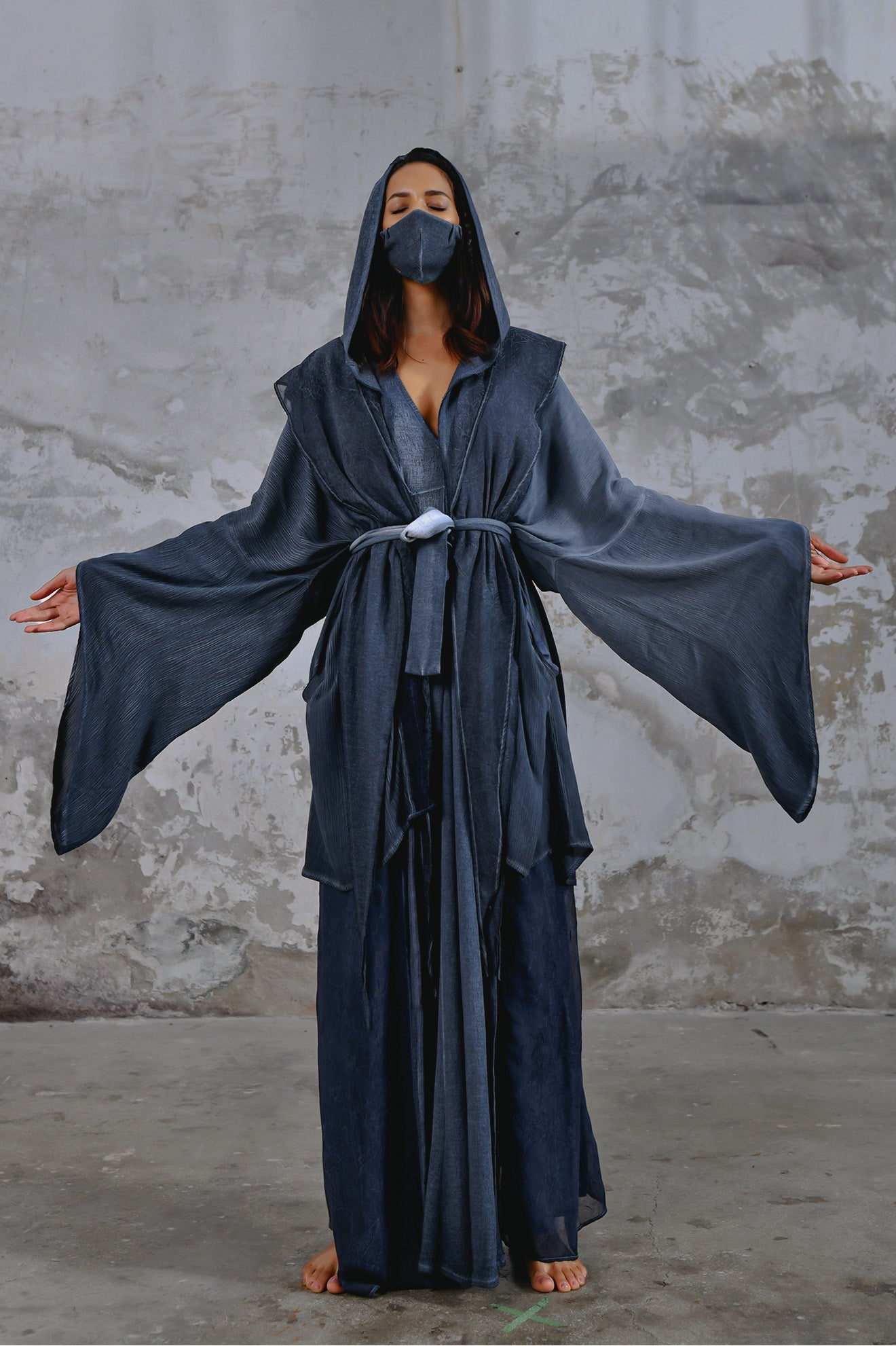 Bohemian hooded shawl, unisex Jedi-inspired hooded shawl with mystical embroidery, spiritual hooded shawl for Star Wars cosplay and everyday wear, handcrafted shawl with boho-chic details and protective hood, breathable and comfortable shawl hood for outdoor adventures, unique and meaningful embroidered shawl for spiritual seekers, vibrant blue shawl hood, Jedi-inspired shawl for cosmic warriors, celestial-inspired shawl hood with intricate star embroidery, burning man outfit