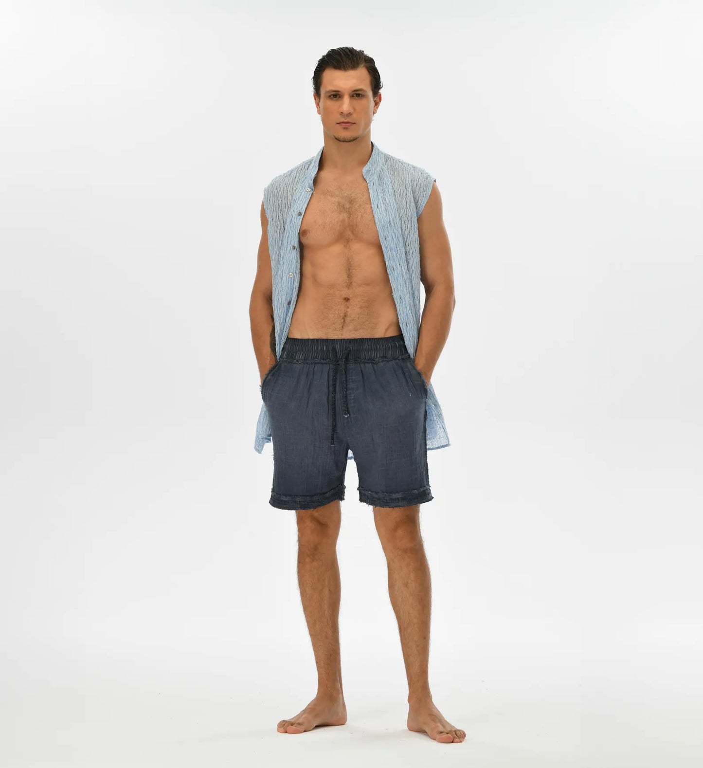 Blue boho men’s shorts with breathable fabric, ideal for casual summer outings or bohemian-inspired looks.